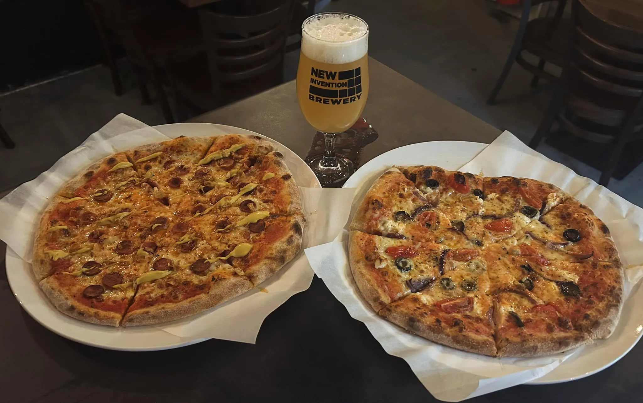 Stone-baked pizzas at New Invention Brewery